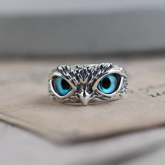 Silver Adjustable Ring with Opal and Lucky Owl Design"