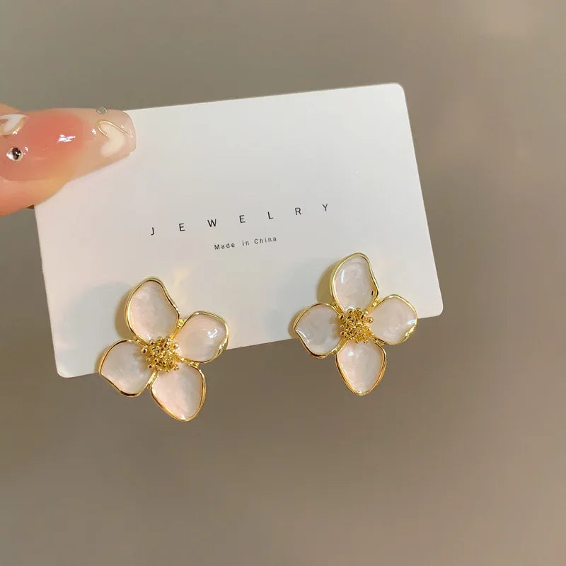 Elegant White Enamel Flower Earrings