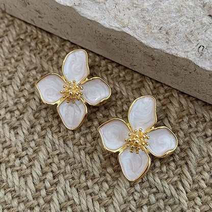 Elegant White Enamel Flower Earrings