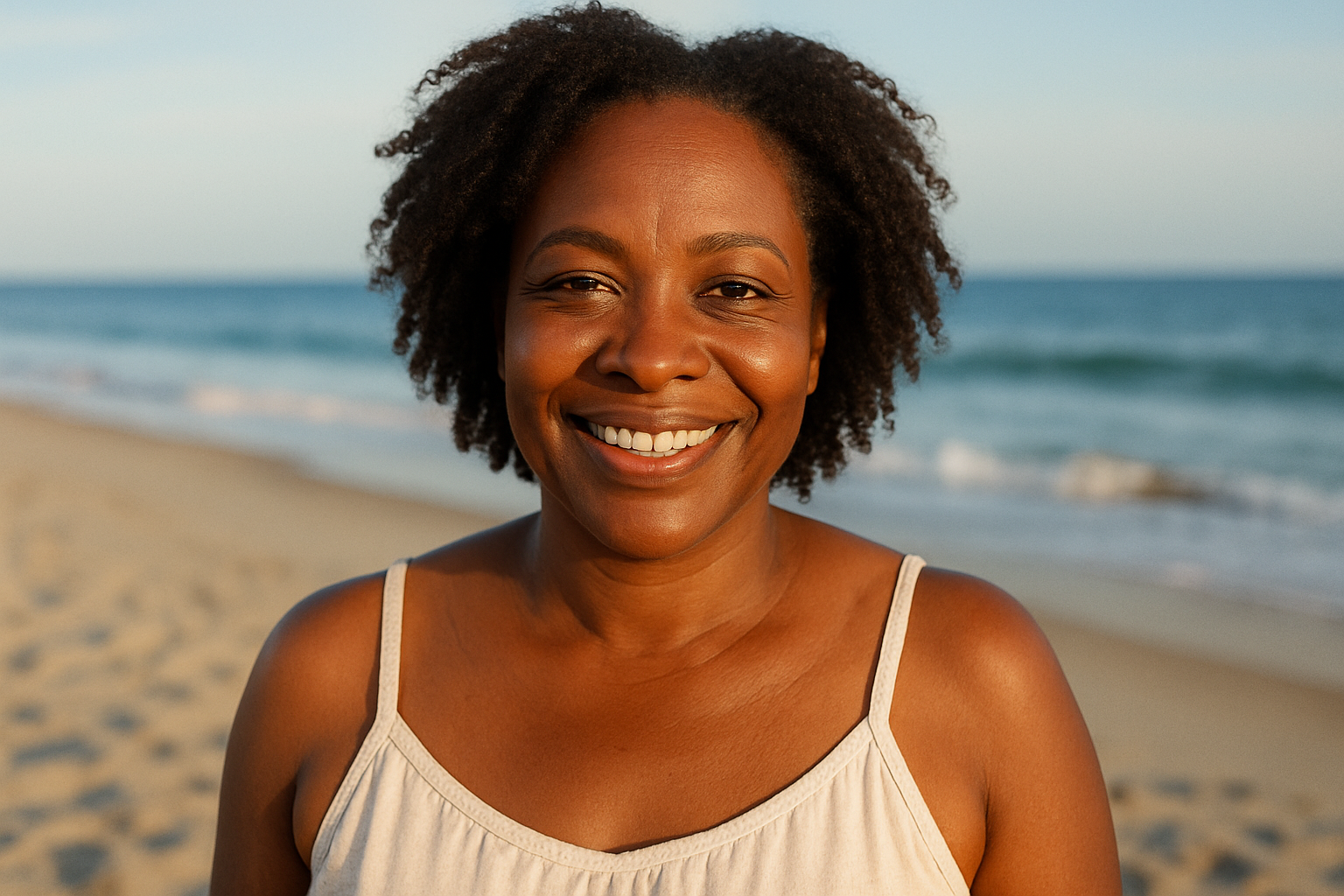 more casual clothing and background like on the beach